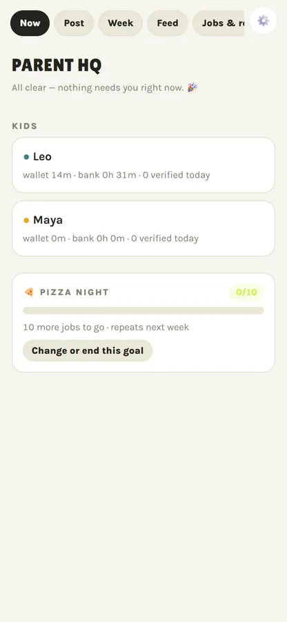 Parent HQ on a phone: All clear — nothing needs you right now.