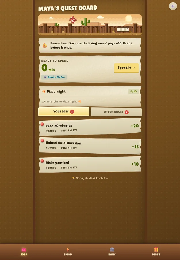 Maya’s quest board on her tablet, in the Western look.